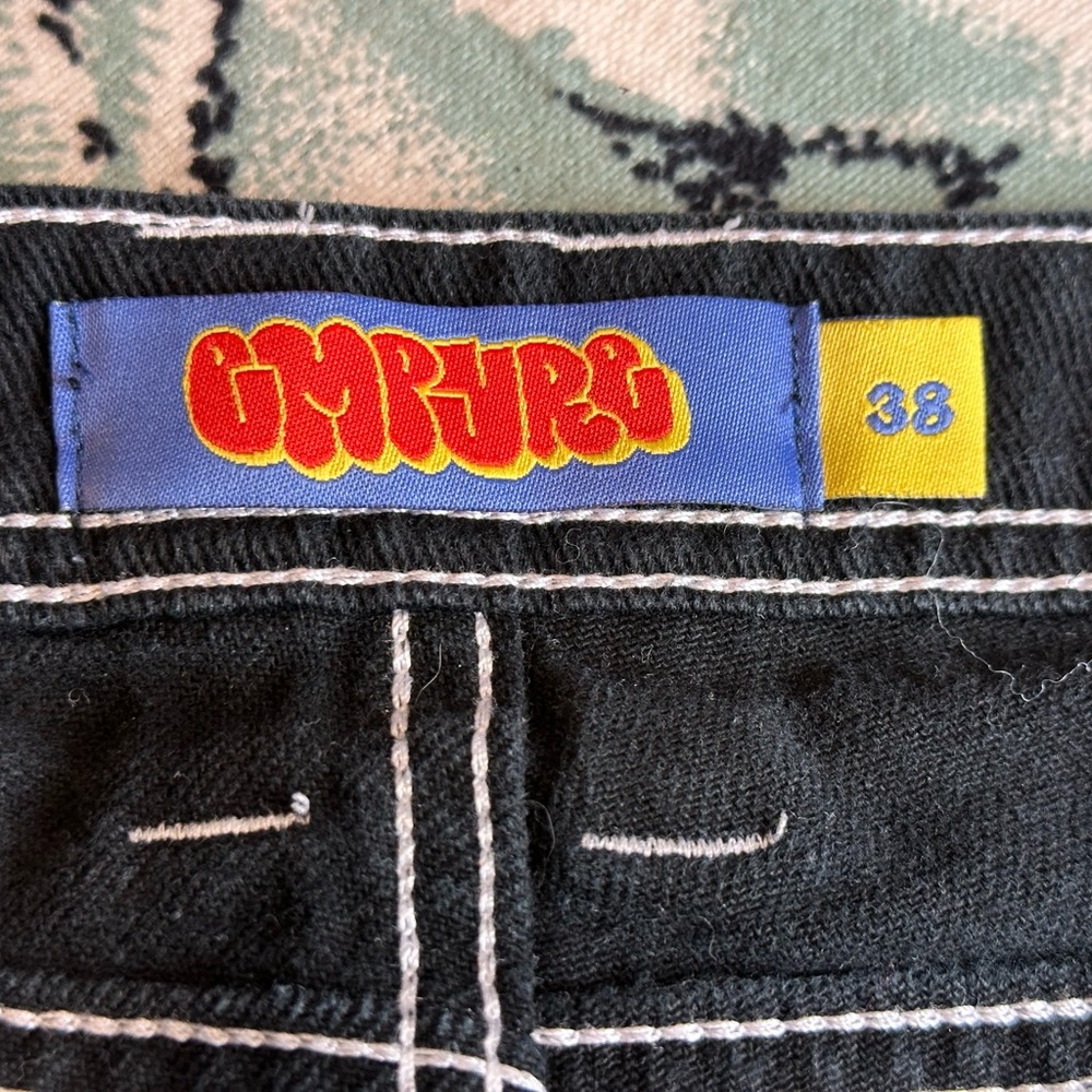 Y2K Baggy White Stitched EMPYRE Black Jeans Waist :8 - Picture 9 of 10